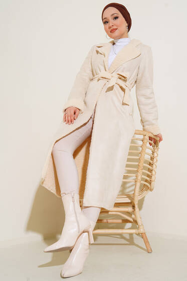 İçi Kürklü Uzun Süet Kaban Bej - Kaban