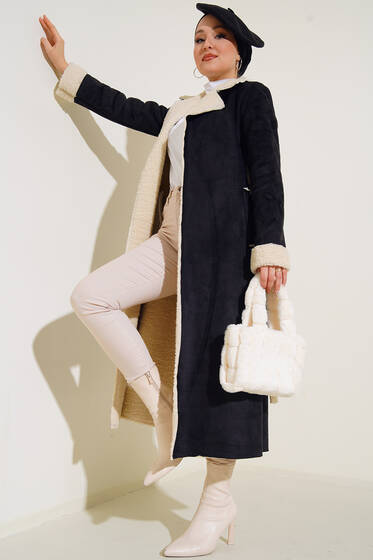 İçi Kürklü Uzun Süet Kaban Siyah - Kaban