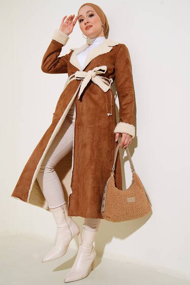 İçi Kürklü Uzun Süet Kaban Taba - Kaban