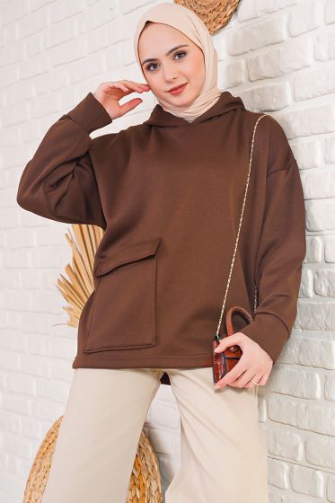 İçi Polarlı Kapüşonlu Kahverengi Sweatshirt - Hırka