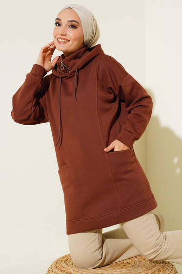 İçi Polarlı Kapüşonlu Tunik Kahve - Tunik