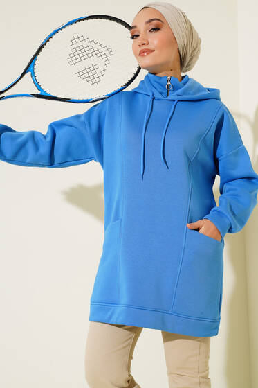 İçi Polarlı Kapüşonlu Tunik Saks - Tunik