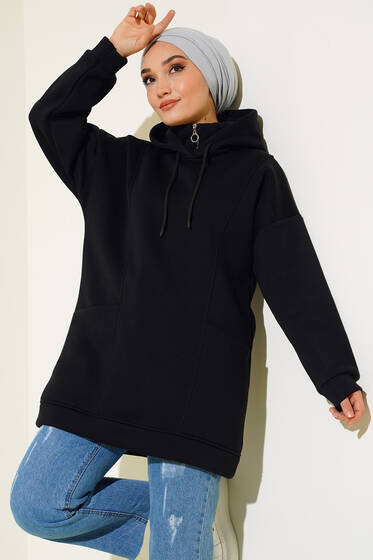 İçi Polarlı Kapüşonlu Tunik Siyah - Tunik