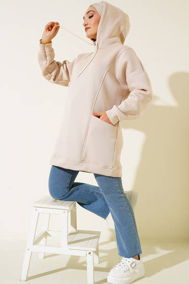 İçi Polarlı Kapüşonlu Tunik Taş - Tunik