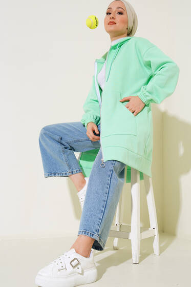 İçi Şardonlu Fermuarlı Hırka Fıstık Yeşili - Hırka