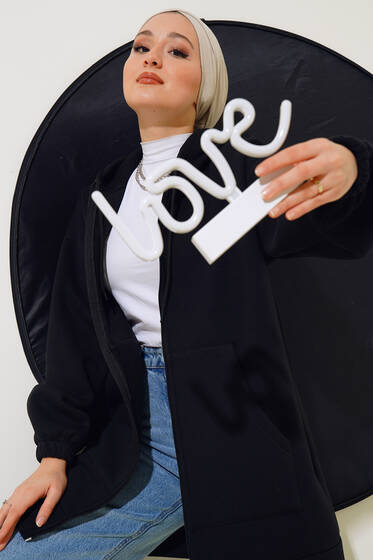 İçi Şardonlu Fermuarlı Hırka Siyah - Hırka