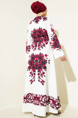 İçlik Görünümlü Kemerli Elbise Bordo - Tesettür Elbise