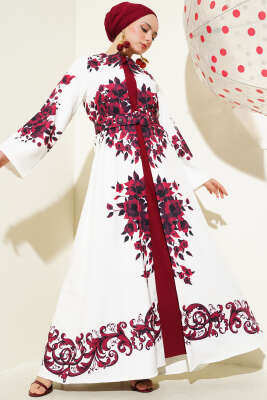 İçlik Görünümlü Kemerli Elbise Bordo 