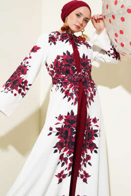 İçlik Görünümlü Kemerli Elbise Bordo - Tesettür Elbise