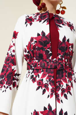 İçlik Görünümlü Kemerli Elbise Bordo - Tesettür Elbise