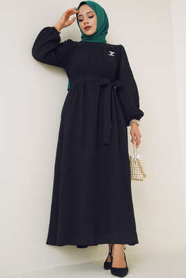 İçlikli Gofre Elbise Siyah - Thumbnail