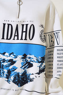 Idaho Baskılı Yaka Fermuarlı Sweatshirt Ekru - Thumbnail