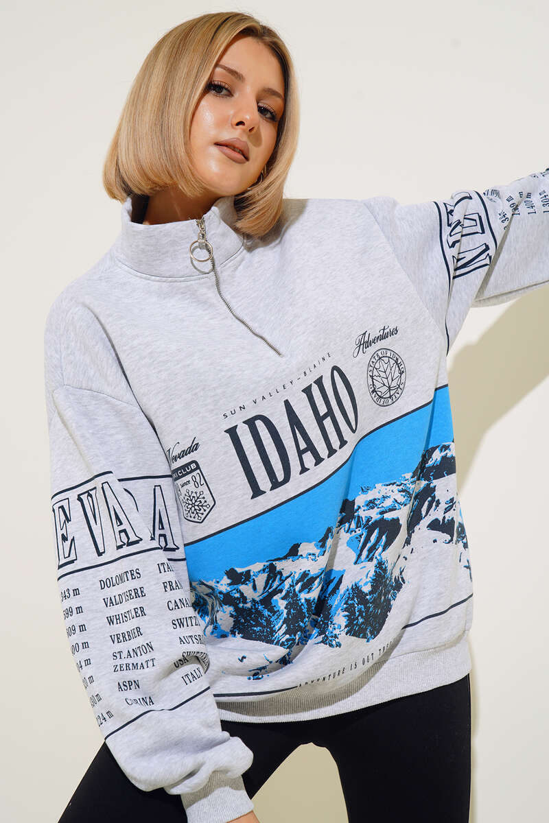 Idaho Baskılı Yaka Fermuarlı Sweatshirt Gri