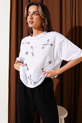 İğne Baskılı Basic T-shirt Beyaz - CALİENTE