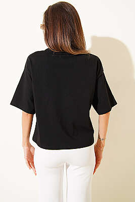 İğne Baskılı Basic T-shirt Siyah - Kadın Giyim Modelleri