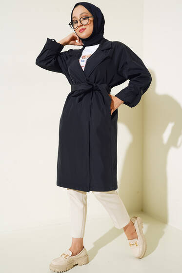 İki Düğmeli Bel Kuşaklı Trençkot Lacivert - Trençkot