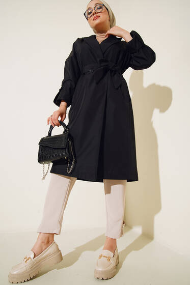 İki Düğmeli Bel Kuşaklı Trençkot Siyah - Trençkot