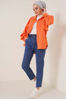 İki Düğmeli Beli Lastikli Koyu Kot Pantolon - Pantolon