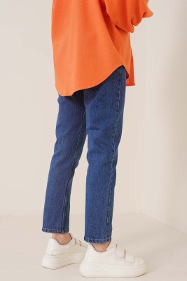 İki Düğmeli Beli Lastikli Koyu Kot Pantolon - Pantolon