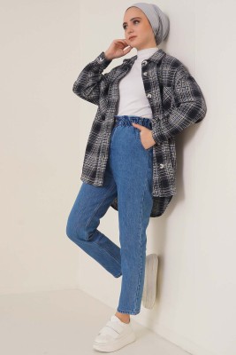 İki Düğmeli Beli Lastikli Orta Kot Pantolon - Pantolon