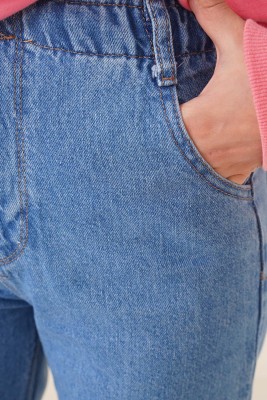 İki Düğmeli Beli Lastikli Pantolon Açık Mavi - Pantolon