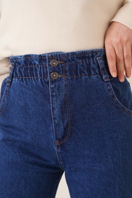 İki Düğmeli Beli Lastikli Pantolon Koyu Mavi - Pantolon