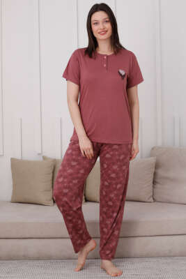 İki Düğmeli Desenli Viskon Pijama Takımı Gül Kurusu - Kadın Pijama Takımı