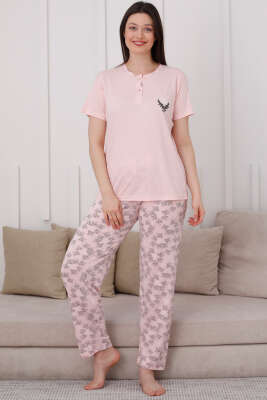 İki Düğmeli Desenli Viskon Pijama Takımı Yavru Ağzı - Kadın Pijama Takımı