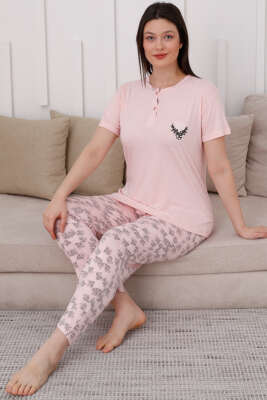 İki Düğmeli Desenli Viskon Pijama Takımı Yavru Ağzı 