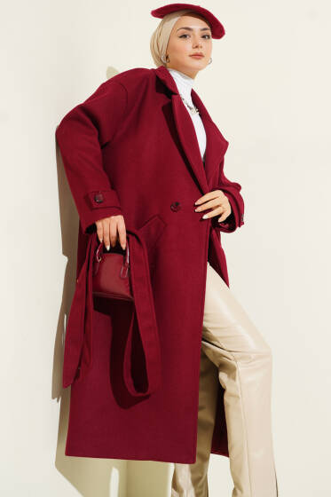 İki Düğmeli Kruvaze Yaka Kaşe Kaban Bordo - Kaban