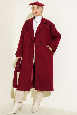 İki Düğmeli Kruvaze Yaka Kaşe Kaban Bordo - Kaban