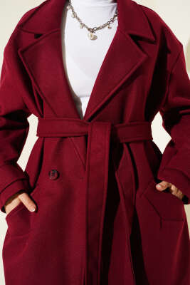 İki Düğmeli Kruvaze Yaka Kaşe Kaban Bordo - Kaban
