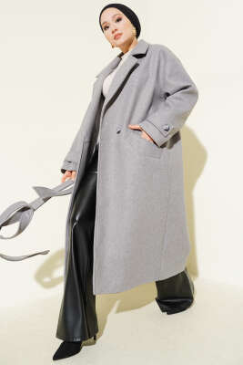 İki Düğmeli Kruvaze Yaka Kaşe Kaban Gri - FELEMEZ