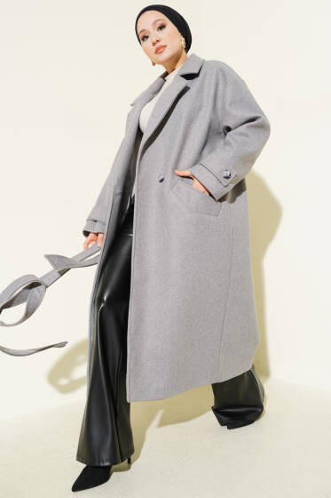 İki Düğmeli Kruvaze Yaka Kaşe Kaban Gri - Kaban