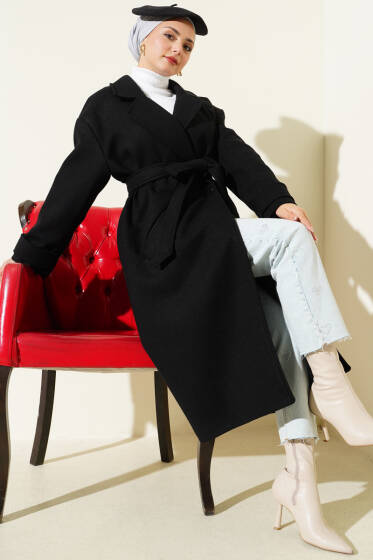 İki Düğmeli Kruvaze Yaka Kaşe Kaban Siyah - Kaban