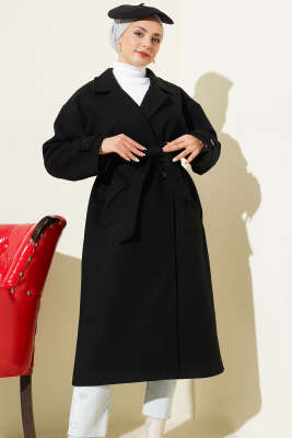 İki Düğmeli Kruvaze Yaka Kaşe Kaban Siyah - Kaban