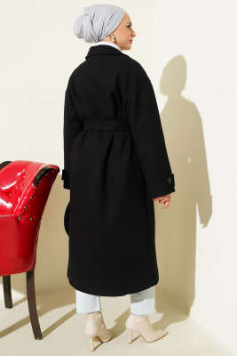 İki Düğmeli Kruvaze Yaka Kaşe Kaban Siyah - Kaban