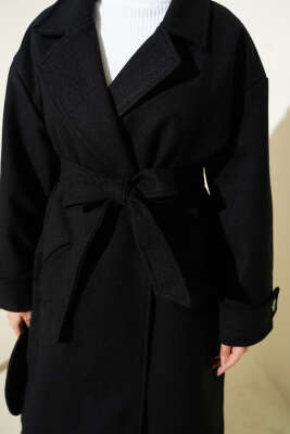 İki Düğmeli Kruvaze Yaka Kaşe Kaban Siyah - Kaban