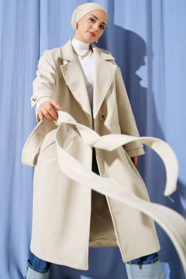 İki Düğmeli Kruvaze Yaka Kaşe Kaban Taş - Kaban