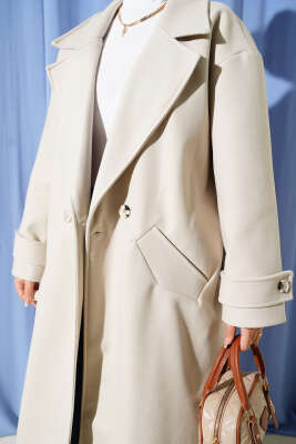 İki Düğmeli Kruvaze Yaka Kaşe Kaban Taş - Kaban