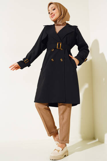 İki Düğmeli Trençkot Siyah - Trençkot