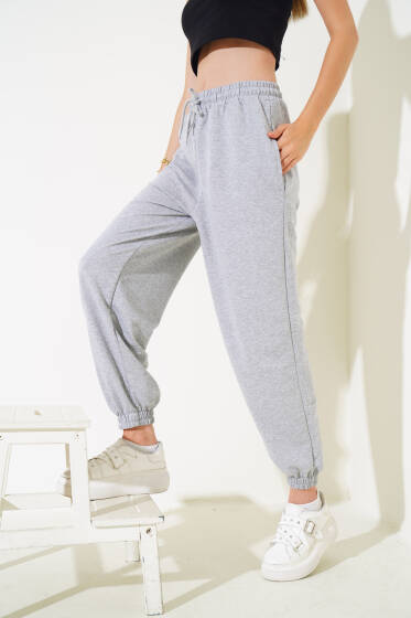 İki İp Paça Lastikli Jogger Pantolon Gri - Kadın Giyim Modelleri