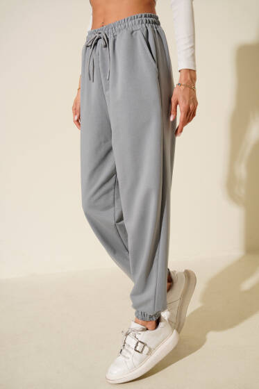İki İp Paça Lastikli Jogger Pantolon Kayrak Grisi - Kadın Giyim Modelleri