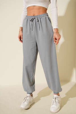 İki İp Paça Lastikli Jogger Pantolon Kayrak Grisi - Kadın Giyim Modelleri