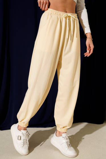 İki İp Paça Lastikli Jogger Pantolon Sarı - Kadın Giyim Modelleri