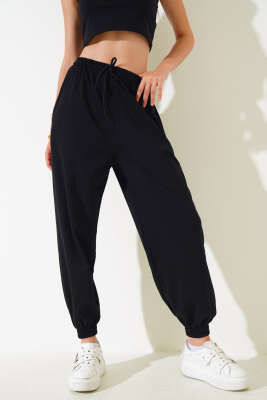 İki İp Paça Lastikli Jogger Pantolon Siyah - ADYES