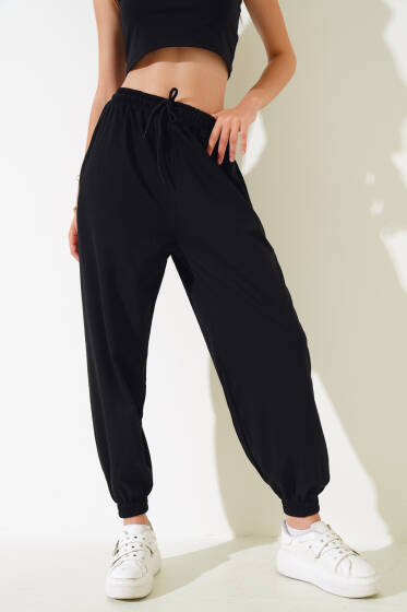 İki İp Paça Lastikli Jogger Pantolon Siyah - Kadın Giyim Modelleri