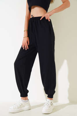 İki İp Paça Lastikli Jogger Pantolon Siyah - Kadın Giyim Modelleri