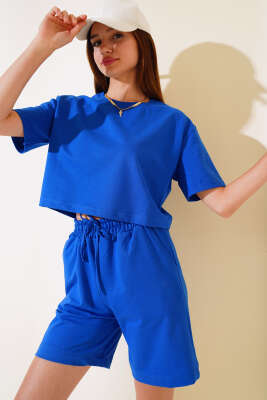 İki İpli Şortlu Takım Saks 