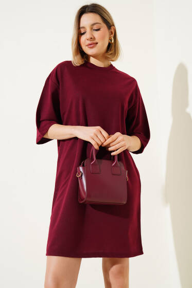 İki İplik Basic Uzun T-shirt Bordo - Kadın Giyim Modelleri